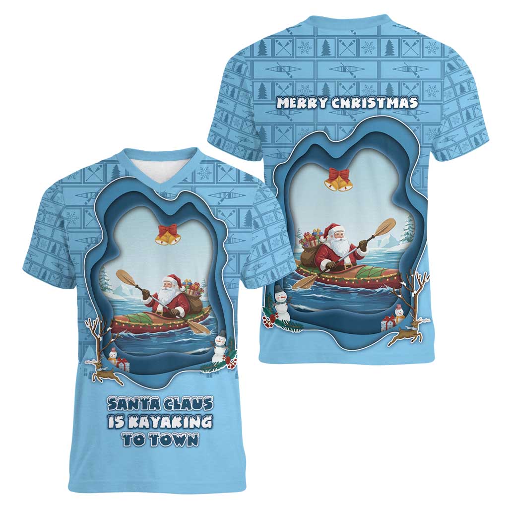 Santa Claus Is Kayaking To Town Women V-Neck T-Shirt Merry Christmas - Wonder Print Shop