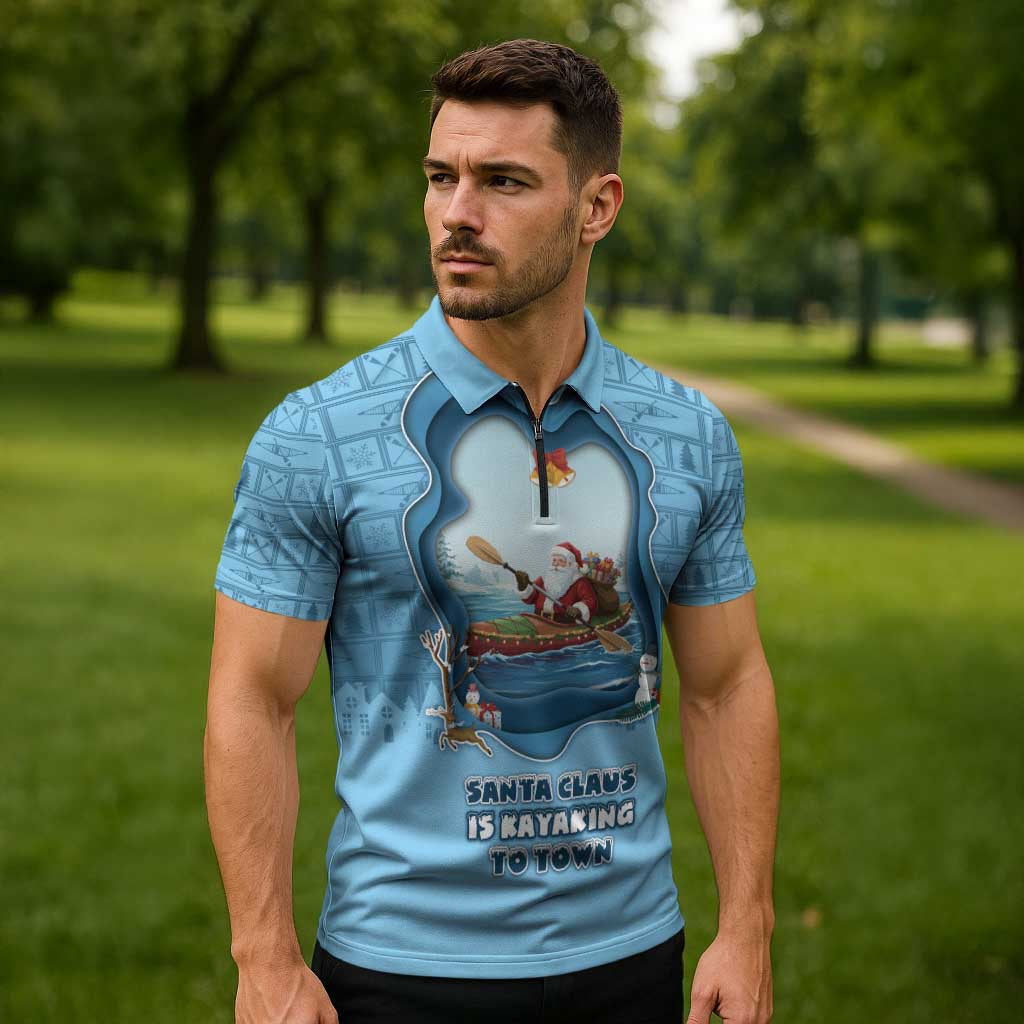Santa Claus Is Kayaking To Town Zipper Polo Shirt Merry Christmas - Wonder Print Shop