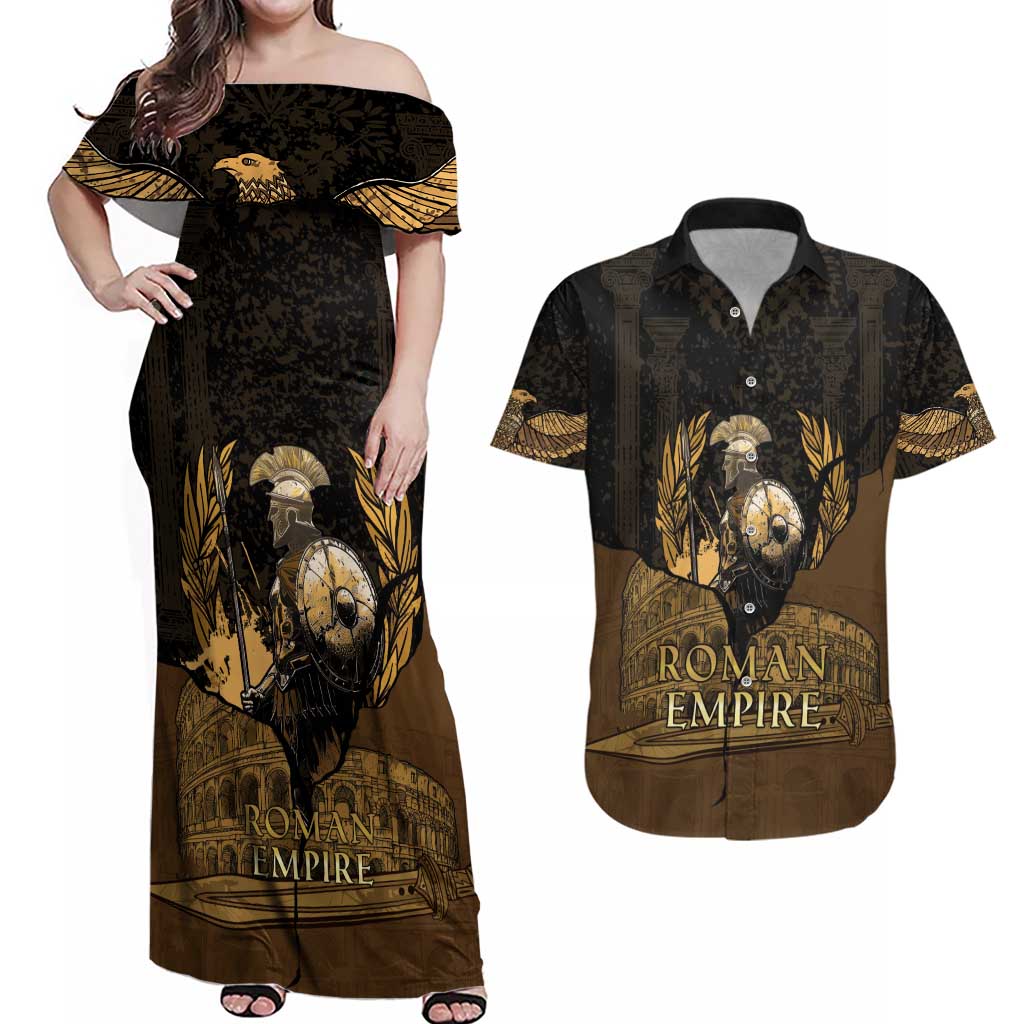 Roman Empire Couples Matching Off Shoulder Maxi Dress and Hawaiian Shirt Centurion Colosseum - Wonder Print Shop