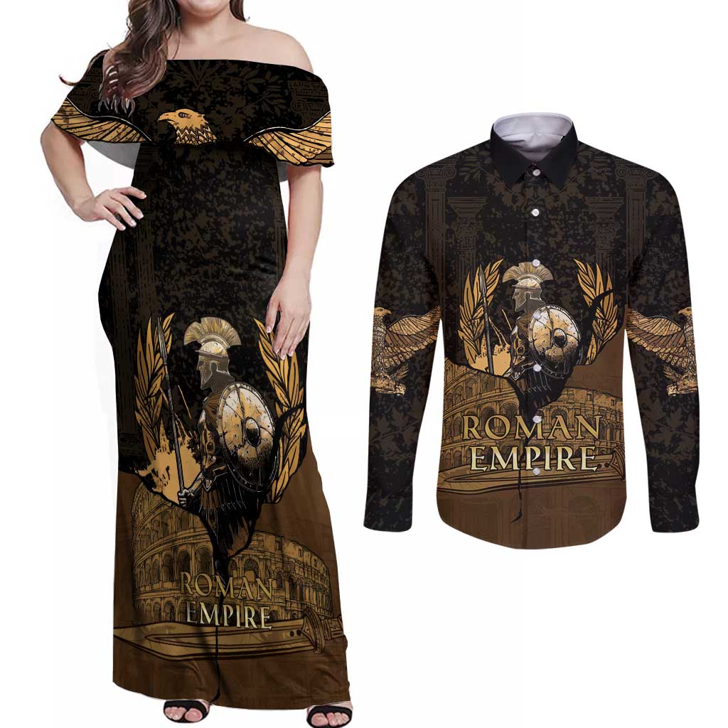 Roman Empire Couples Matching Off Shoulder Maxi Dress and Long Sleeve Button Shirt Centurion Colosseum - Wonder Print Shop