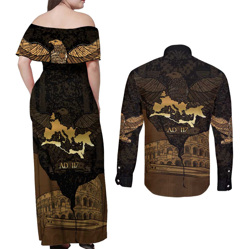 Roman Empire Couples Matching Off Shoulder Maxi Dress and Long Sleeve Button Shirt Centurion Colosseum - Wonder Print Shop