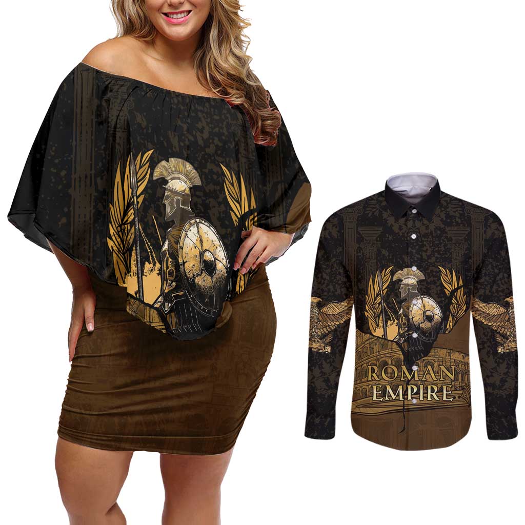 Roman Empire Couples Matching Off Shoulder Short Dress and Long Sleeve Button Shirt Centurion Colosseum - Wonder Print Shop