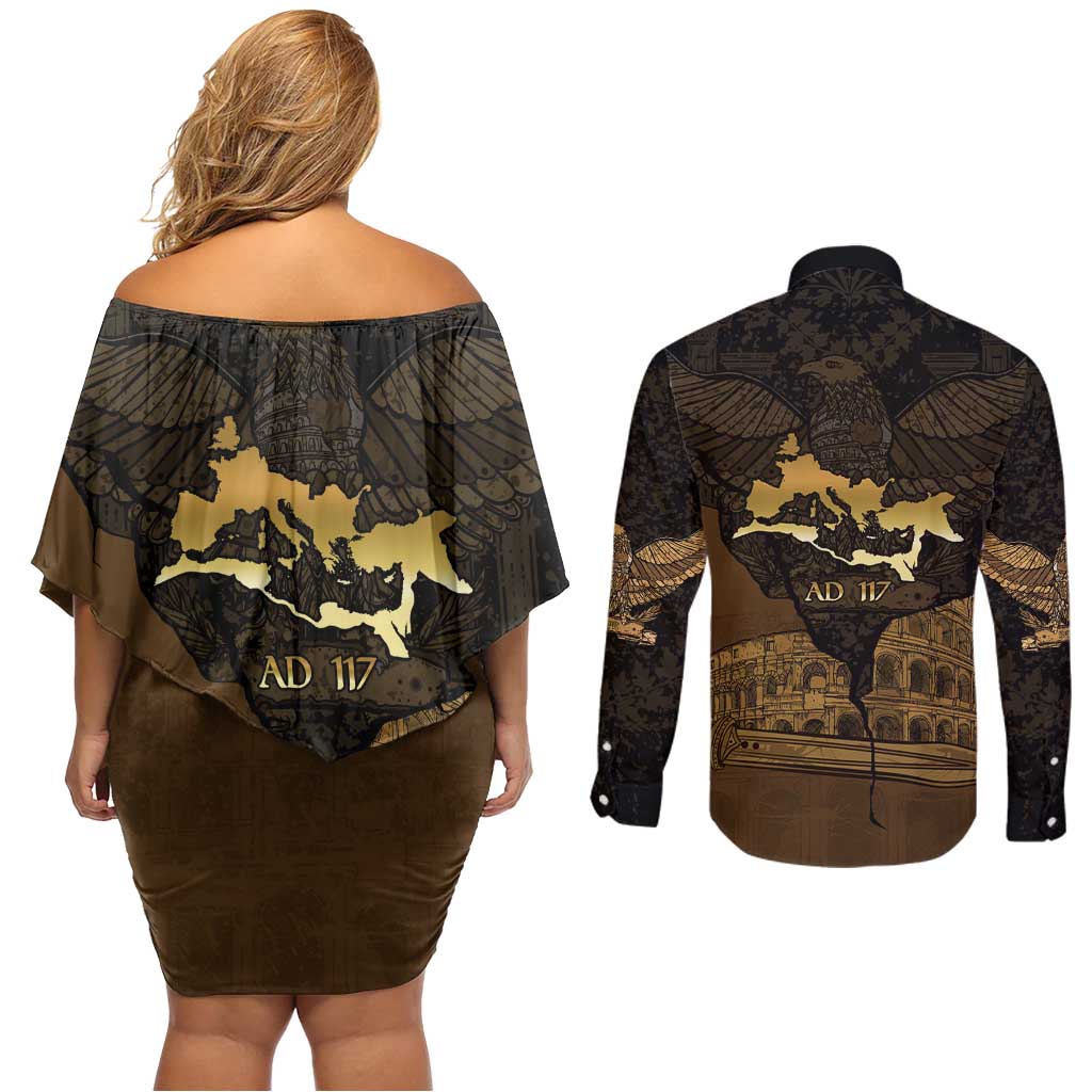 Roman Empire Couples Matching Off Shoulder Short Dress and Long Sleeve Button Shirt Centurion Colosseum - Wonder Print Shop