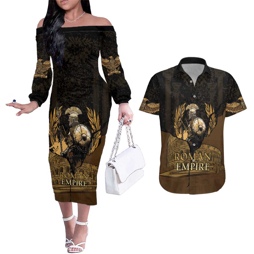 Roman Empire Couples Matching Off The Shoulder Long Sleeve Dress and Hawaiian Shirt Centurion Colosseum - Wonder Print Shop