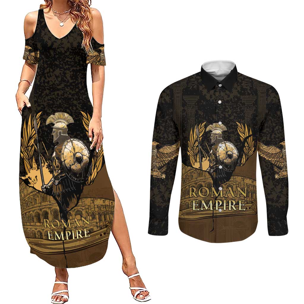 Roman Empire Couples Matching Summer Maxi Dress and Long Sleeve Button Shirt Centurion Colosseum - Wonder Print Shop