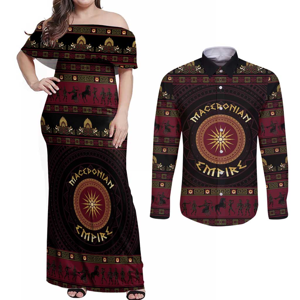 Macedonian Empire Couples Matching Off Shoulder Maxi Dress and Long Sleeve Button Shirt Alexander The Great World Tour - Wonder Print Shop