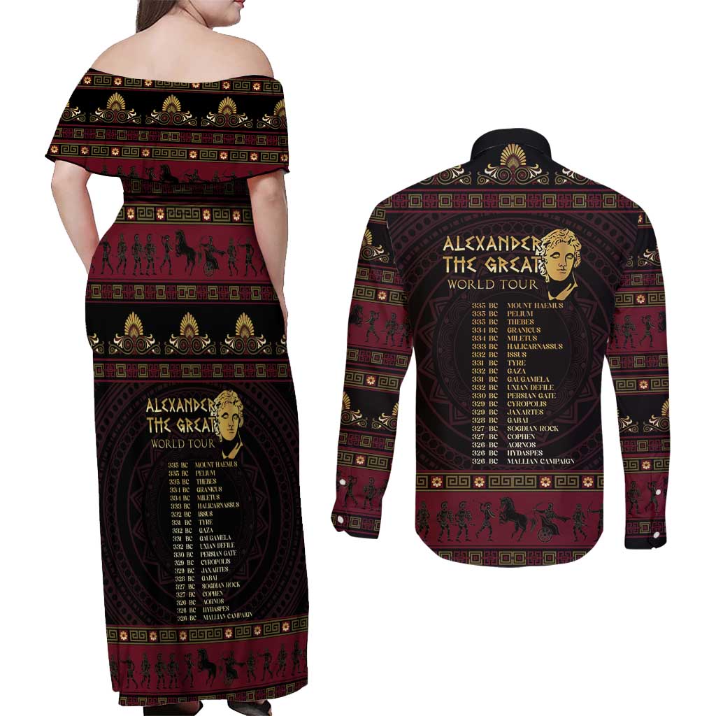 Macedonian Empire Couples Matching Off Shoulder Maxi Dress and Long Sleeve Button Shirt Alexander The Great World Tour - Wonder Print Shop