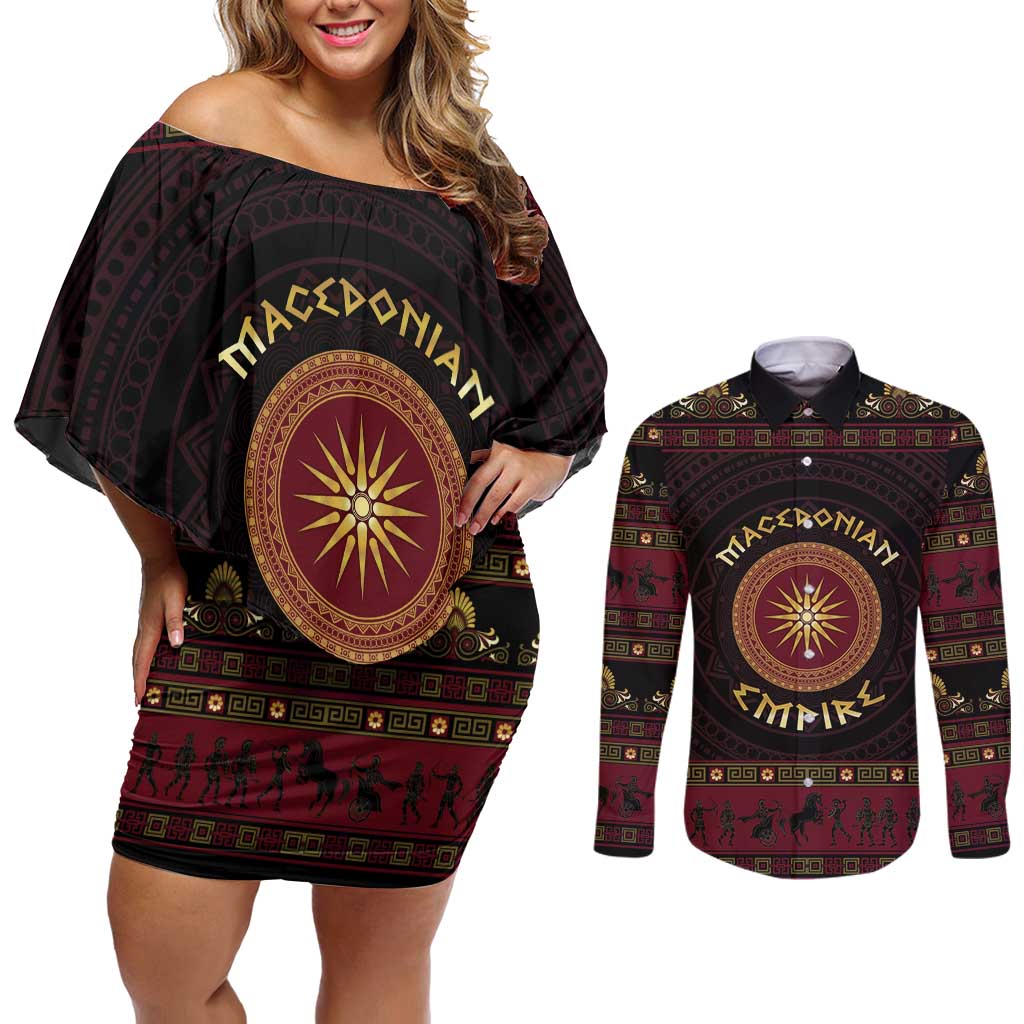 Macedonian Empire Couples Matching Off Shoulder Short Dress and Long Sleeve Button Shirt Alexander The Great World Tour - Wonder Print Shop