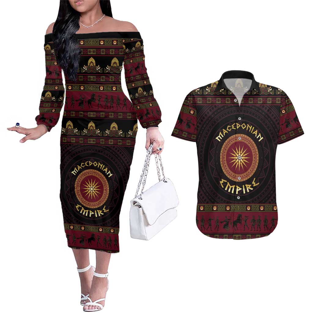Macedonian Empire Couples Matching Off The Shoulder Long Sleeve Dress and Hawaiian Shirt Alexander The Great World Tour - Wonder Print Shop