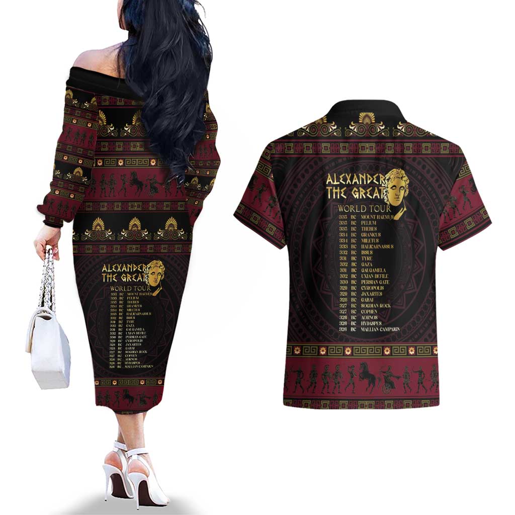 Macedonian Empire Couples Matching Off The Shoulder Long Sleeve Dress and Hawaiian Shirt Alexander The Great World Tour - Wonder Print Shop