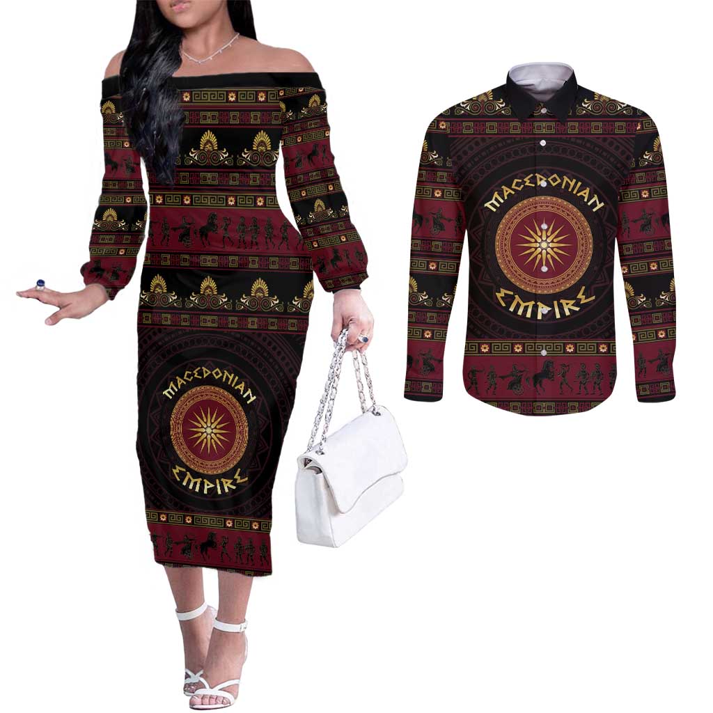 Macedonian Empire Couples Matching Off The Shoulder Long Sleeve Dress and Long Sleeve Button Shirt Alexander The Great World Tour - Wonder Print Shop