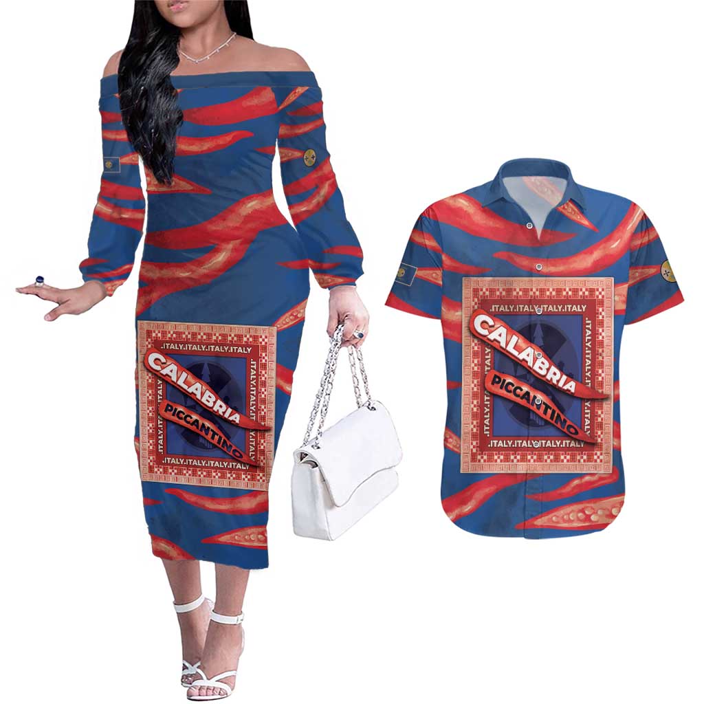 Personalized Italy Calabria Couples Matching Off The Shoulder Long Sleeve Dress and Hawaiian Shirt Piccantino Vintage Style