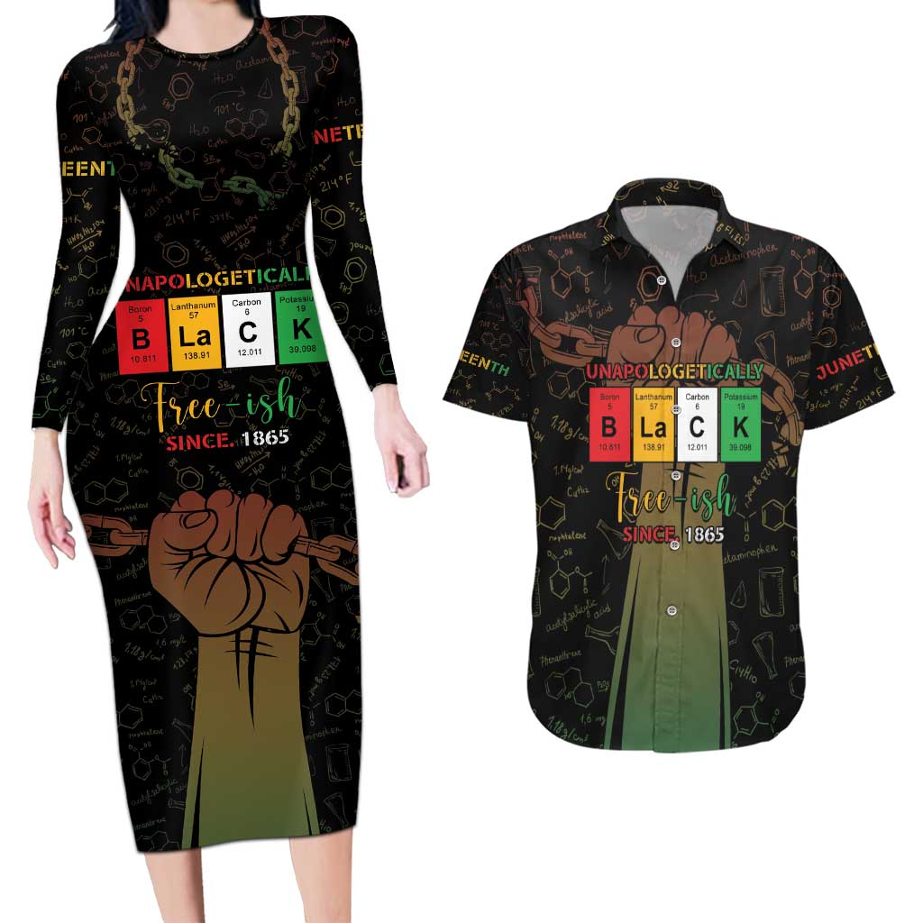 Juneteenth 1865 Couples Matching Long Sleeve Bodycon Dress and Hawaiian Shirt Unapologetically Black