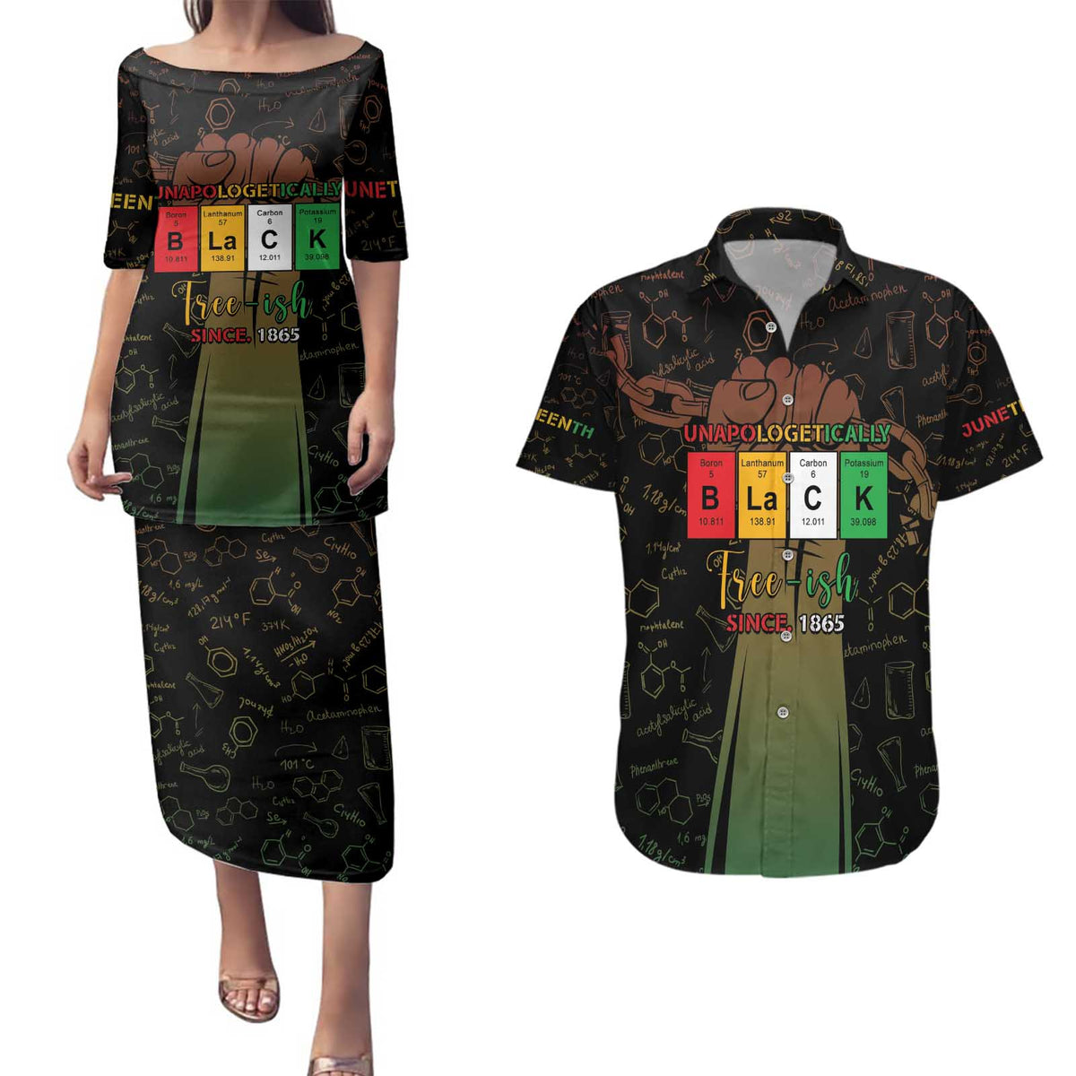 Juneteenth 1865 Couples Matching Puletasi and Hawaiian Shirt Unapologetically Black