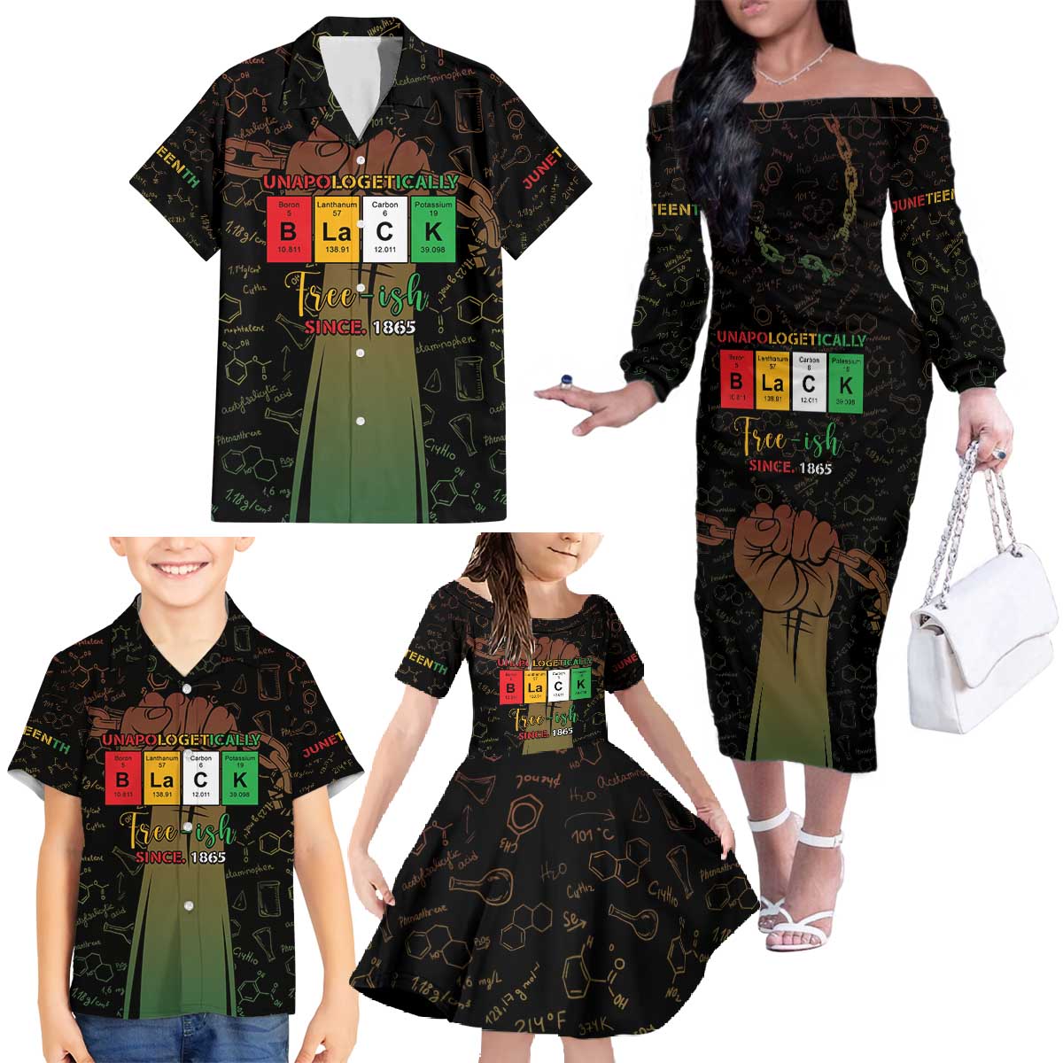 Juneteenth 1865 Family Matching Off The Shoulder Long Sleeve Dress and Hawaiian Shirt Unapologetically Black