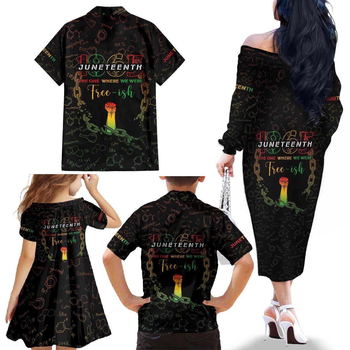 Juneteenth 1865 Family Matching Off The Shoulder Long Sleeve Dress and Hawaiian Shirt Unapologetically Black