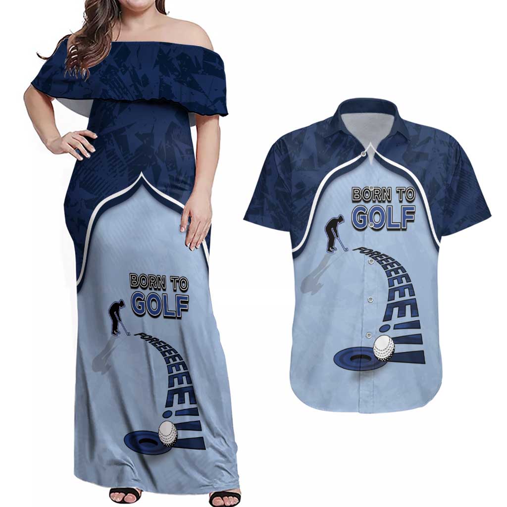 Golf Couples Matching Off Shoulder Maxi Dress and Hawaiian Shirt Sporty Style Navy - Wonder Print Shop