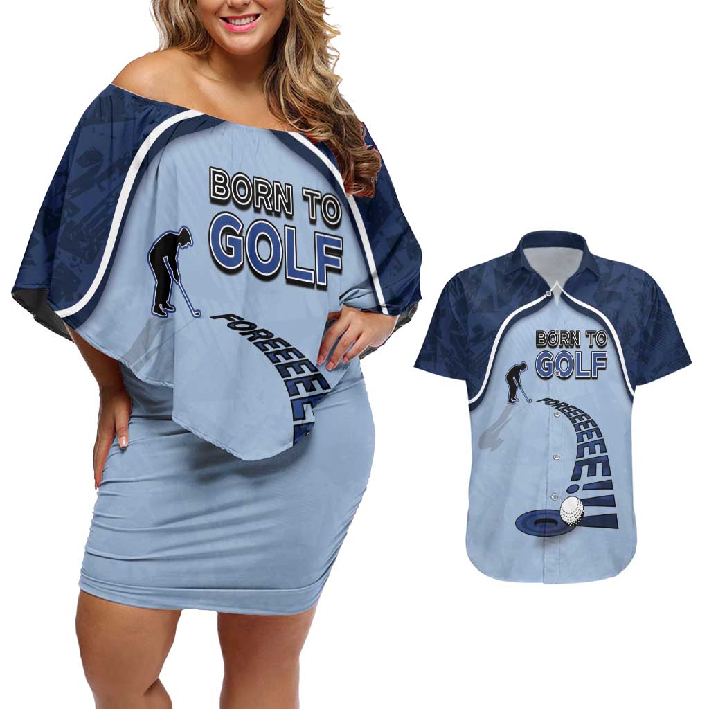 Golf Couples Matching Off Shoulder Short Dress and Hawaiian Shirt Sporty Style Navy - Wonder Print Shop