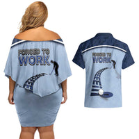 Golf Couples Matching Off Shoulder Short Dress and Hawaiian Shirt Sporty Style Navy - Wonder Print Shop