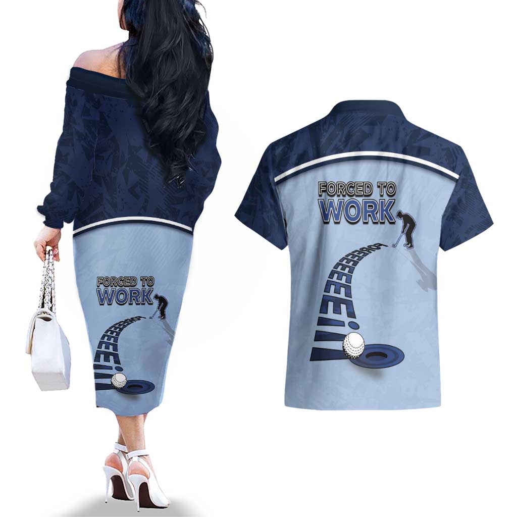 Golf Couples Matching Off The Shoulder Long Sleeve Dress and Hawaiian Shirt Sporty Style Navy - Wonder Print Shop