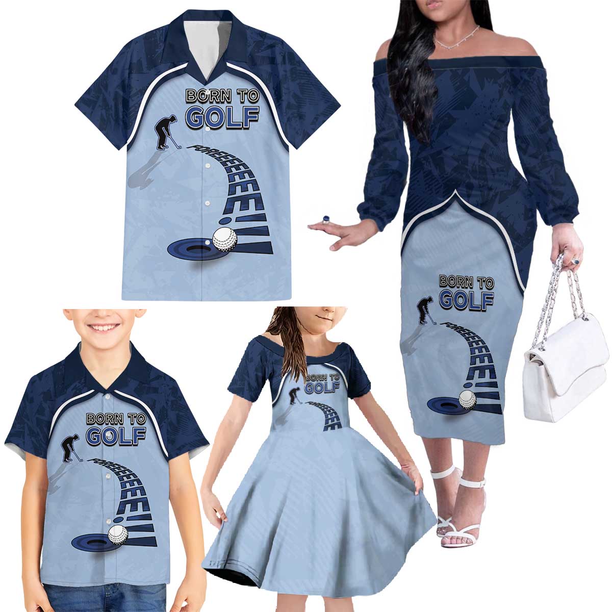 Golf Family Matching Off The Shoulder Long Sleeve Dress and Hawaiian Shirt Sporty Style Navy - Wonder Print Shop