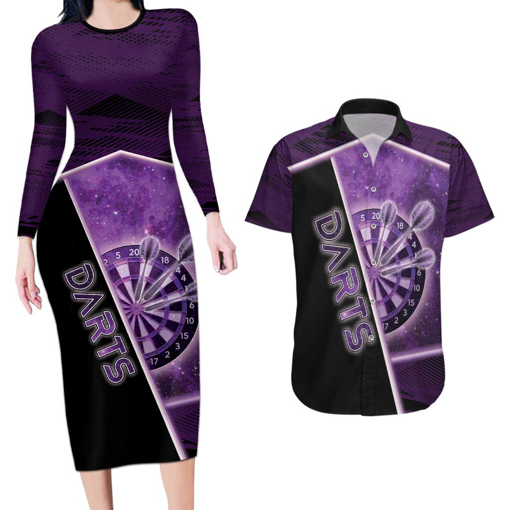 Personalized Darts Couples Matching Long Sleeve Bodycon Dress and Hawaiian Shirt Galaxy Style Purple - Wonder Print Shop