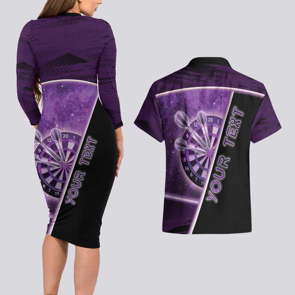 Personalized Darts Couples Matching Long Sleeve Bodycon Dress and Hawaiian Shirt Galaxy Style Purple - Wonder Print Shop