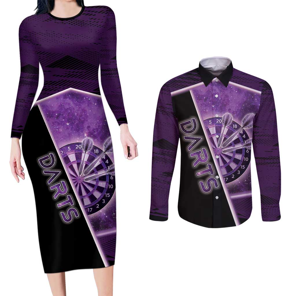 Personalized Darts Couples Matching Long Sleeve Bodycon Dress and Long Sleeve Button Shirt Galaxy Style Purple - Wonder Print Shop