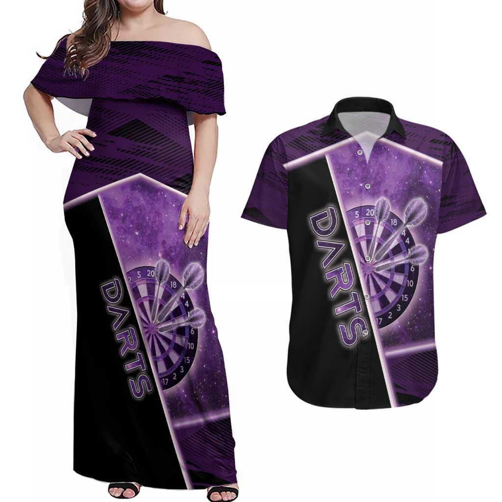 Personalized Darts Couples Matching Off Shoulder Maxi Dress and Hawaiian Shirt Galaxy Style Purple - Wonder Print Shop