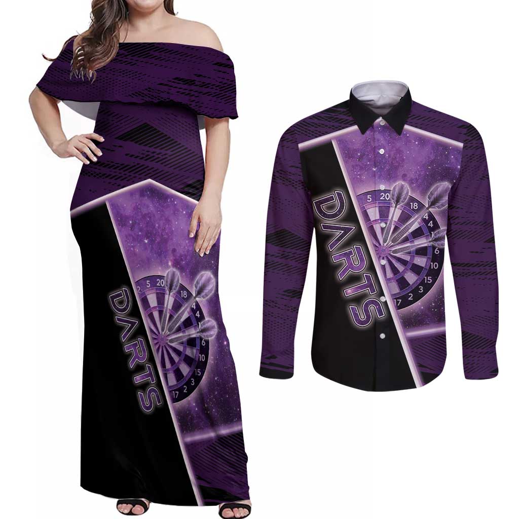 Personalized Darts Couples Matching Off Shoulder Maxi Dress and Long Sleeve Button Shirt Galaxy Style Purple - Wonder Print Shop