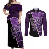 Personalized Darts Couples Matching Off Shoulder Maxi Dress and Long Sleeve Button Shirt Galaxy Style Purple - Wonder Print Shop