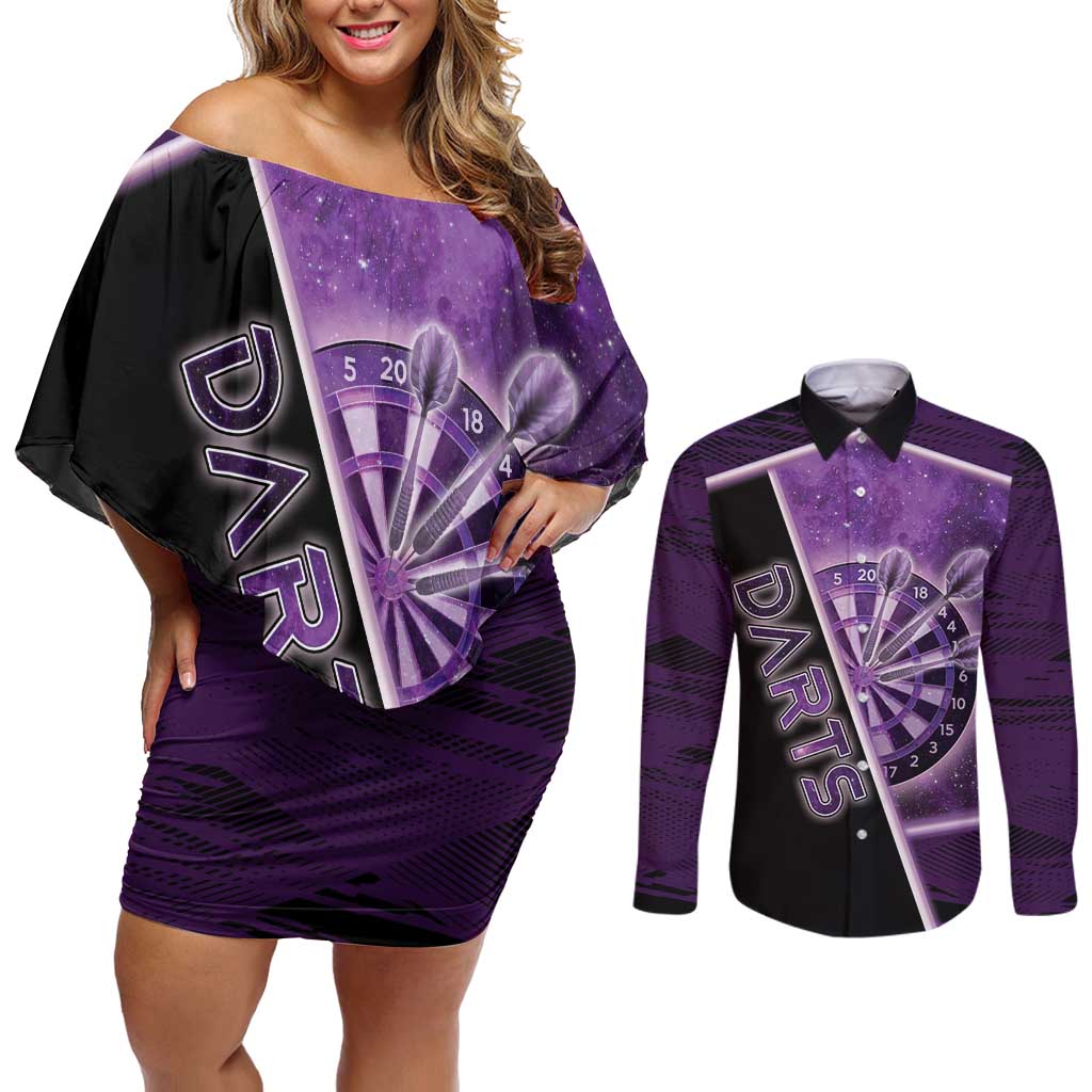 Personalized Darts Couples Matching Off Shoulder Short Dress and Long Sleeve Button Shirt Galaxy Style Purple - Wonder Print Shop