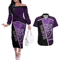 Personalized Darts Couples Matching Off The Shoulder Long Sleeve Dress and Hawaiian Shirt Galaxy Style Purple - Wonder Print Shop