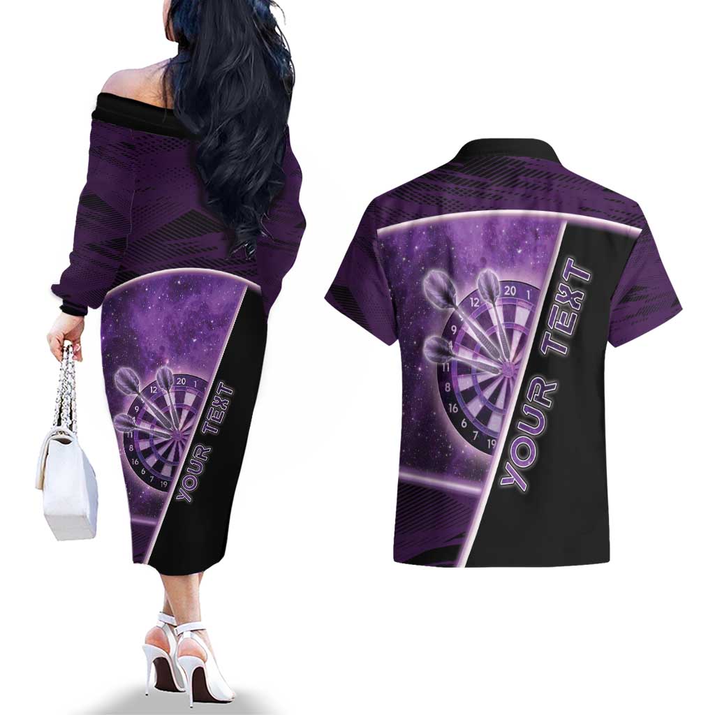 Personalized Darts Couples Matching Off The Shoulder Long Sleeve Dress and Hawaiian Shirt Galaxy Style Purple - Wonder Print Shop