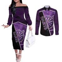 Personalized Darts Couples Matching Off The Shoulder Long Sleeve Dress and Long Sleeve Button Shirt Galaxy Style Purple - Wonder Print Shop