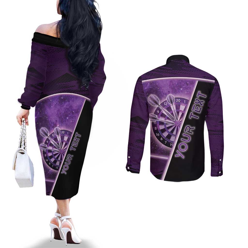 Personalized Darts Couples Matching Off The Shoulder Long Sleeve Dress and Long Sleeve Button Shirt Galaxy Style Purple - Wonder Print Shop