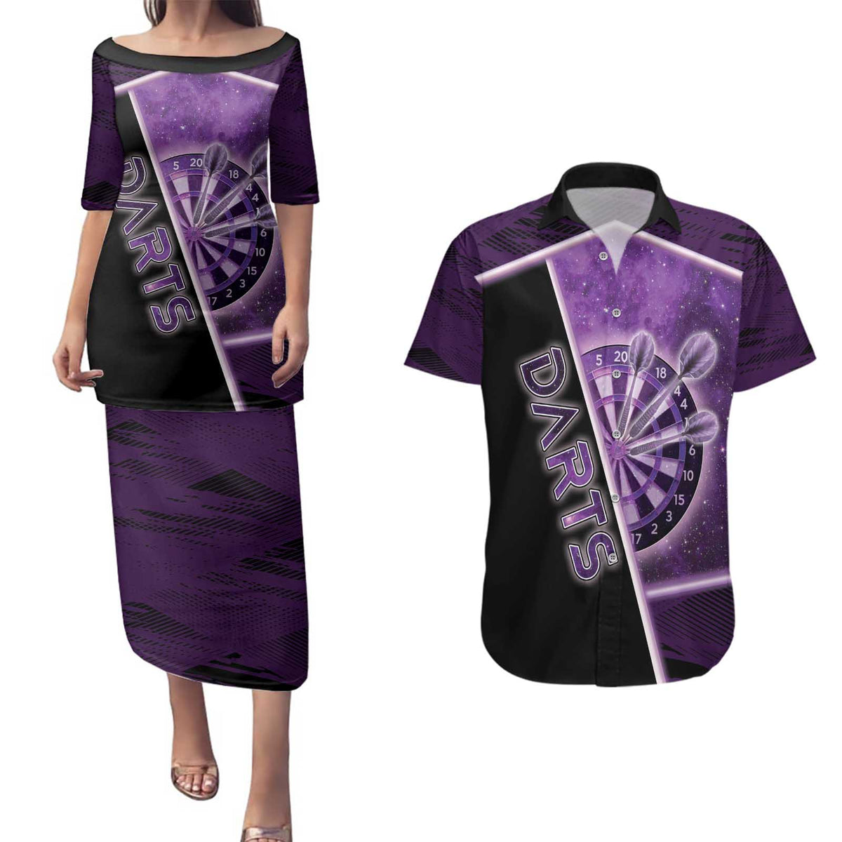 Personalized Darts Couples Matching Puletasi and Hawaiian Shirt Galaxy Style Purple - Wonder Print Shop