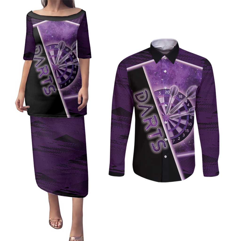 Personalized Darts Couples Matching Puletasi and Long Sleeve Button Shirt Galaxy Style Purple - Wonder Print Shop