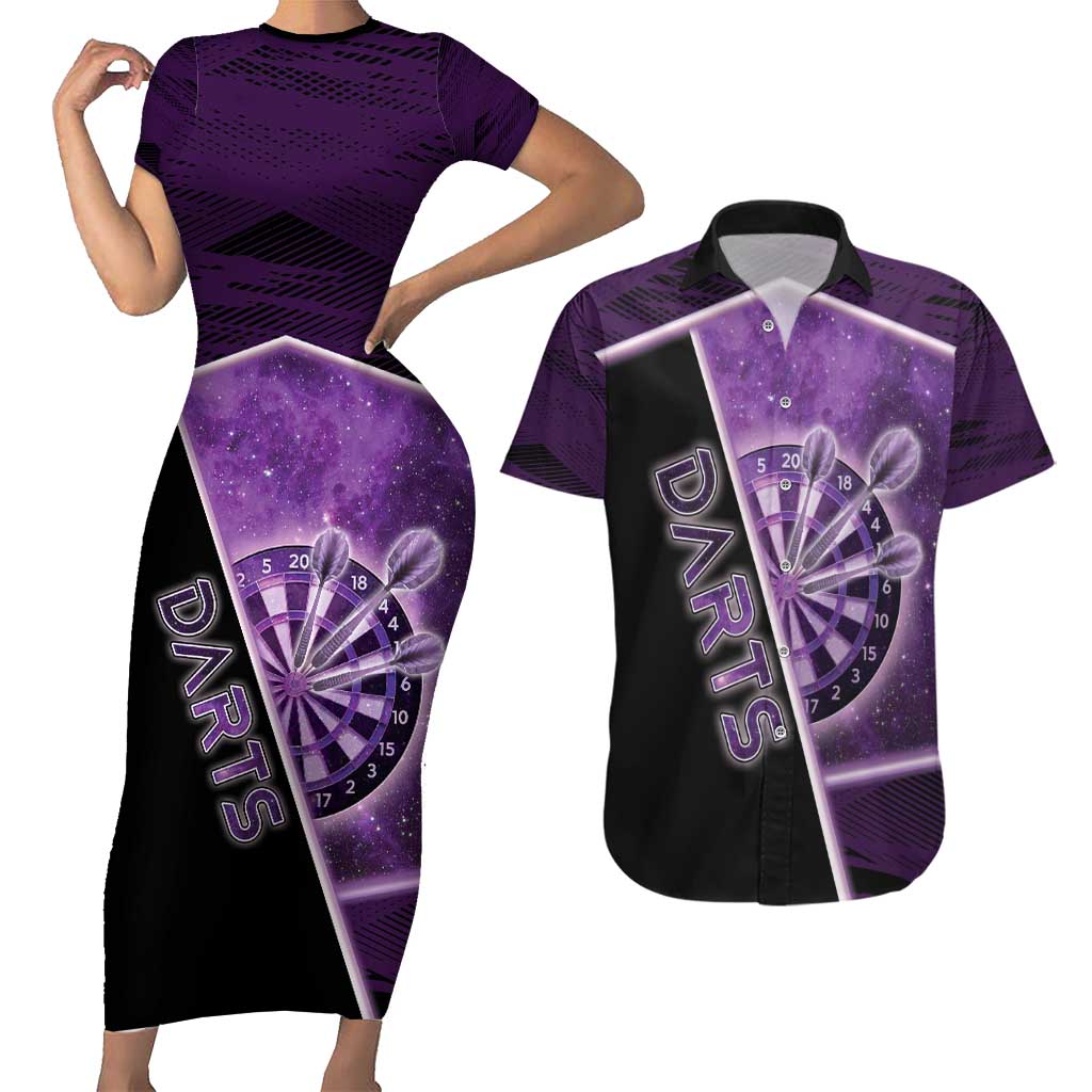 Personalized Darts Couples Matching Short Sleeve Bodycon Dress and Hawaiian Shirt Galaxy Style Purple - Wonder Print Shop