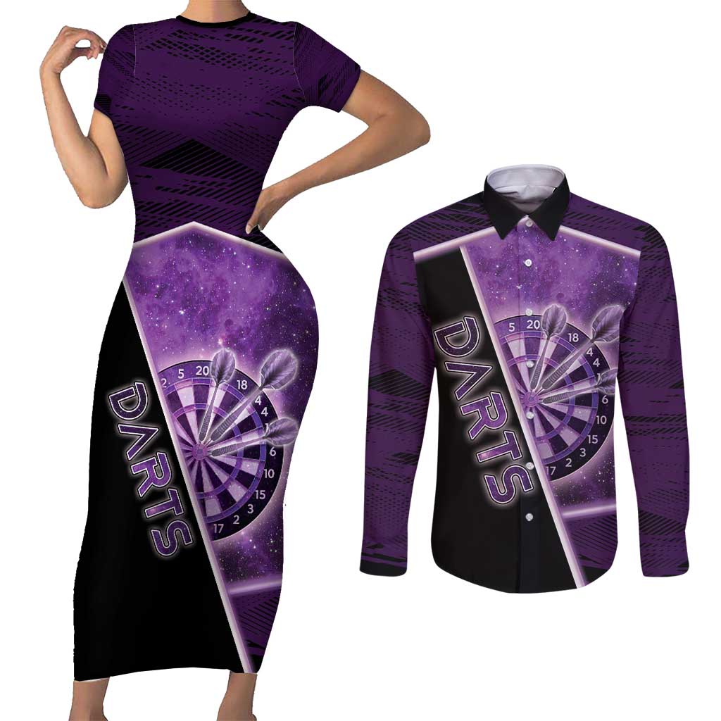 Personalized Darts Couples Matching Short Sleeve Bodycon Dress and Long Sleeve Button Shirt Galaxy Style Purple - Wonder Print Shop