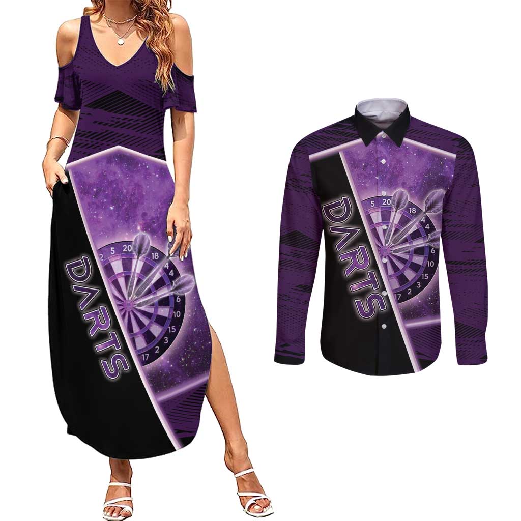 Personalized Darts Couples Matching Summer Maxi Dress and Long Sleeve Button Shirt Galaxy Style Purple - Wonder Print Shop
