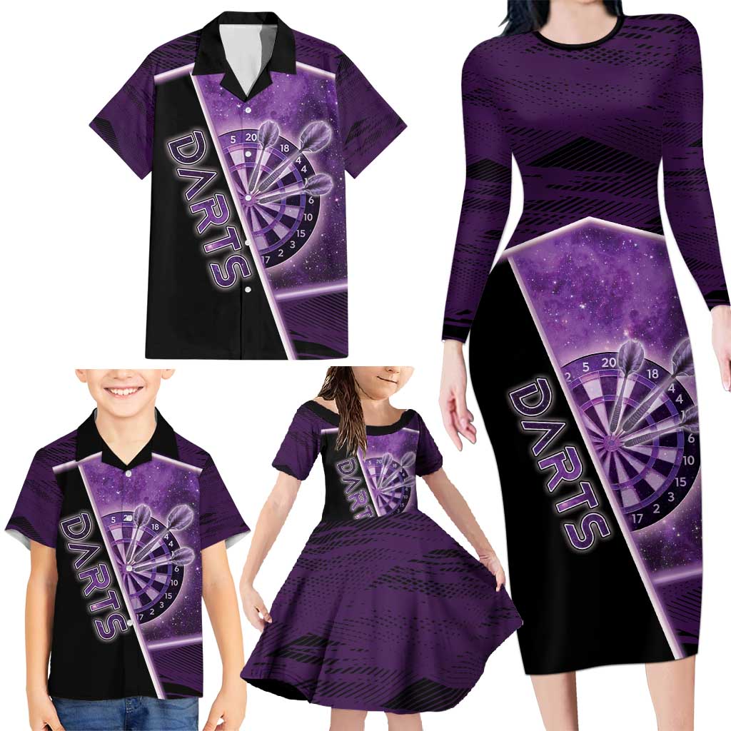 Personalized Darts Family Matching Long Sleeve Bodycon Dress and Hawaiian Shirt Galaxy Style Purple - Wonder Print Shop