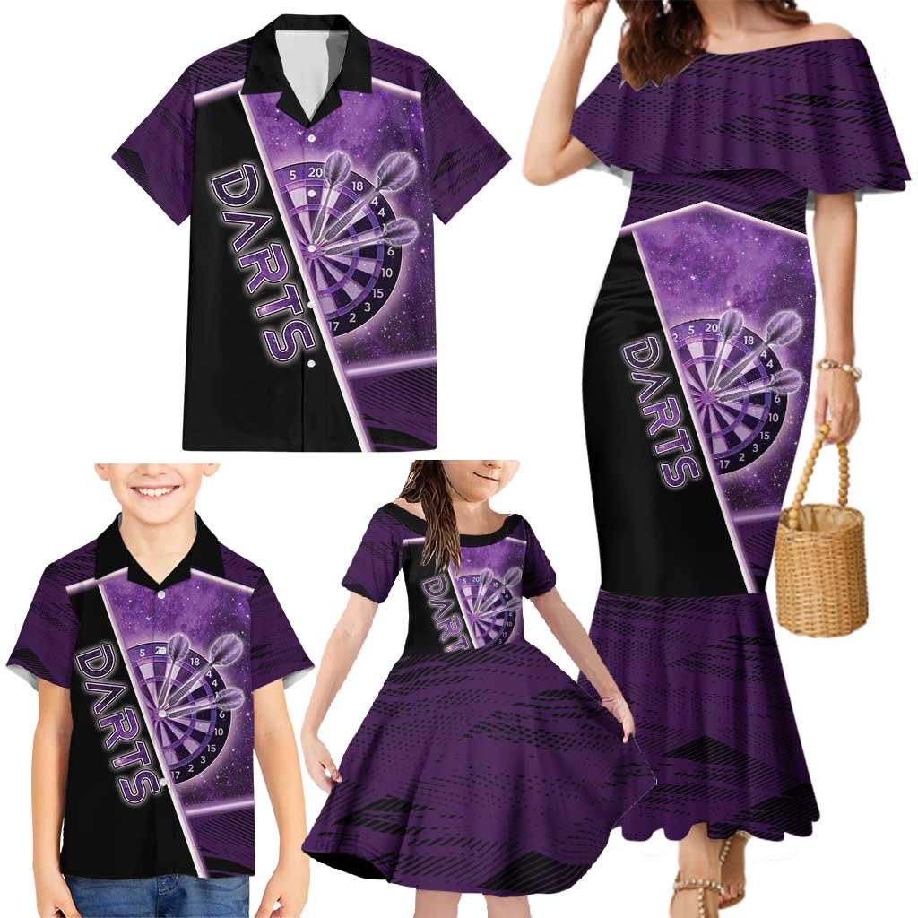 Personalized Darts Family Matching Mermaid Dress and Hawaiian Shirt Galaxy Style Purple - Wonder Print Shop