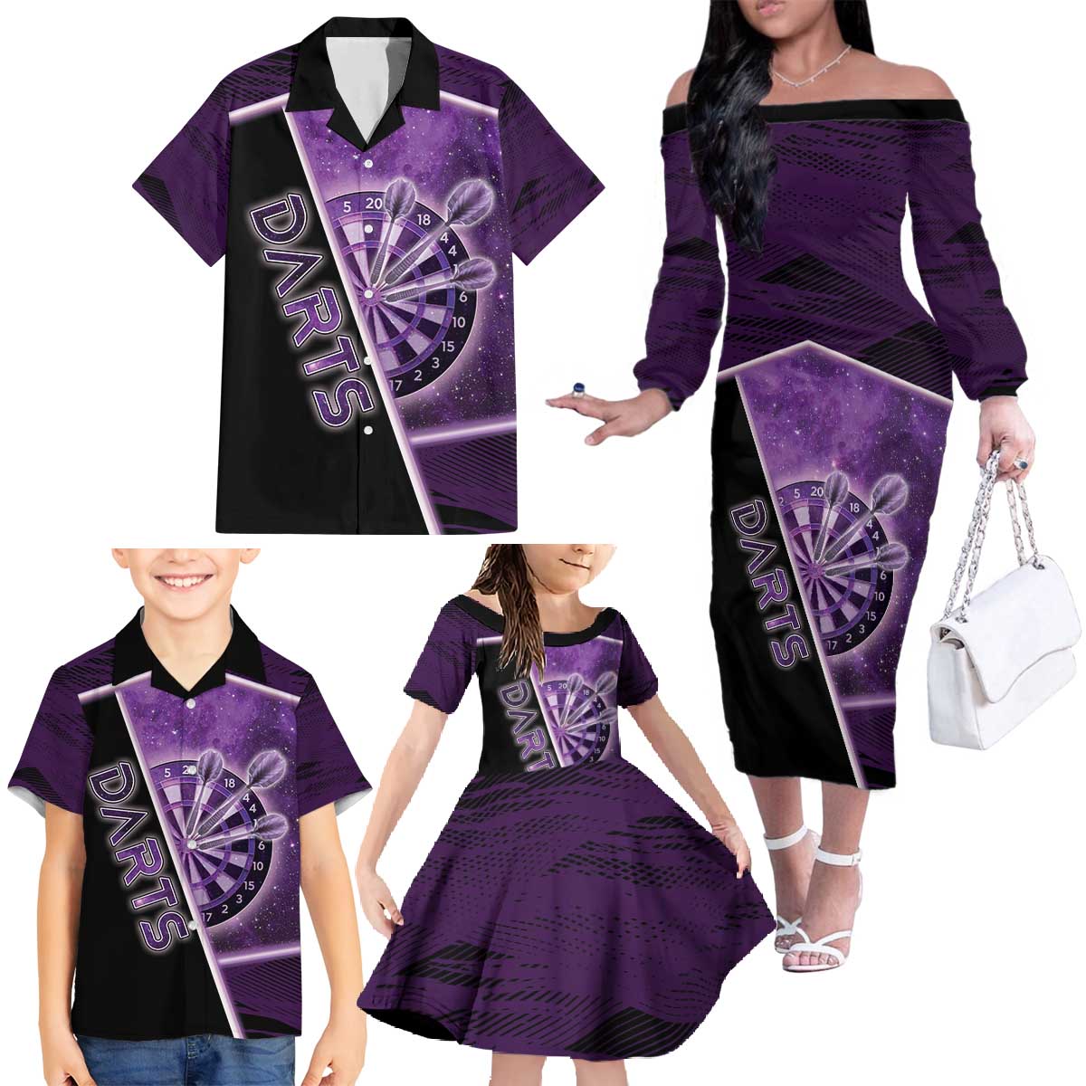 Personalized Darts Family Matching Off The Shoulder Long Sleeve Dress and Hawaiian Shirt Galaxy Style Purple - Wonder Print Shop