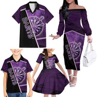 Personalized Darts Family Matching Off The Shoulder Long Sleeve Dress and Hawaiian Shirt Galaxy Style Purple - Wonder Print Shop