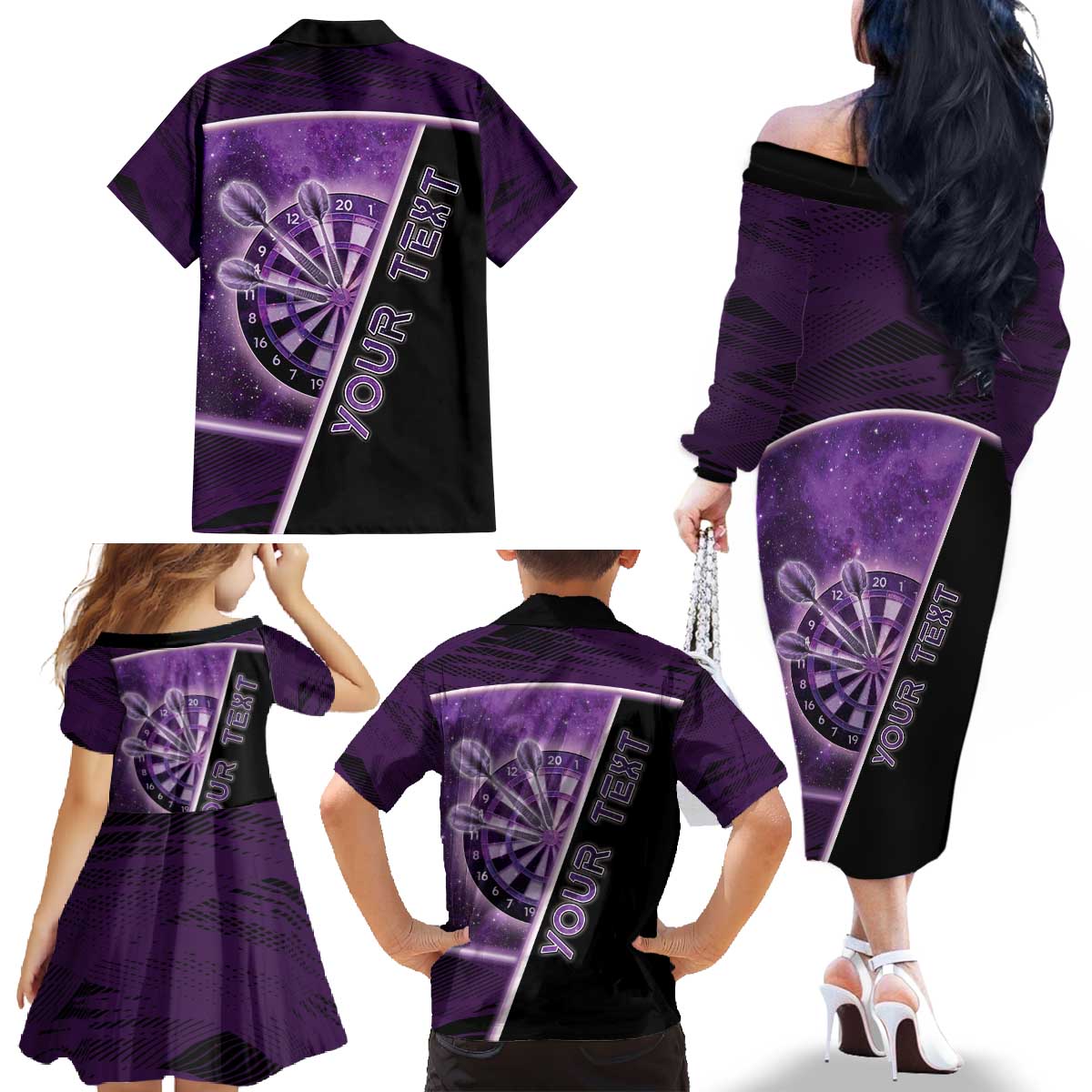 Personalized Darts Family Matching Off The Shoulder Long Sleeve Dress and Hawaiian Shirt Galaxy Style Purple - Wonder Print Shop