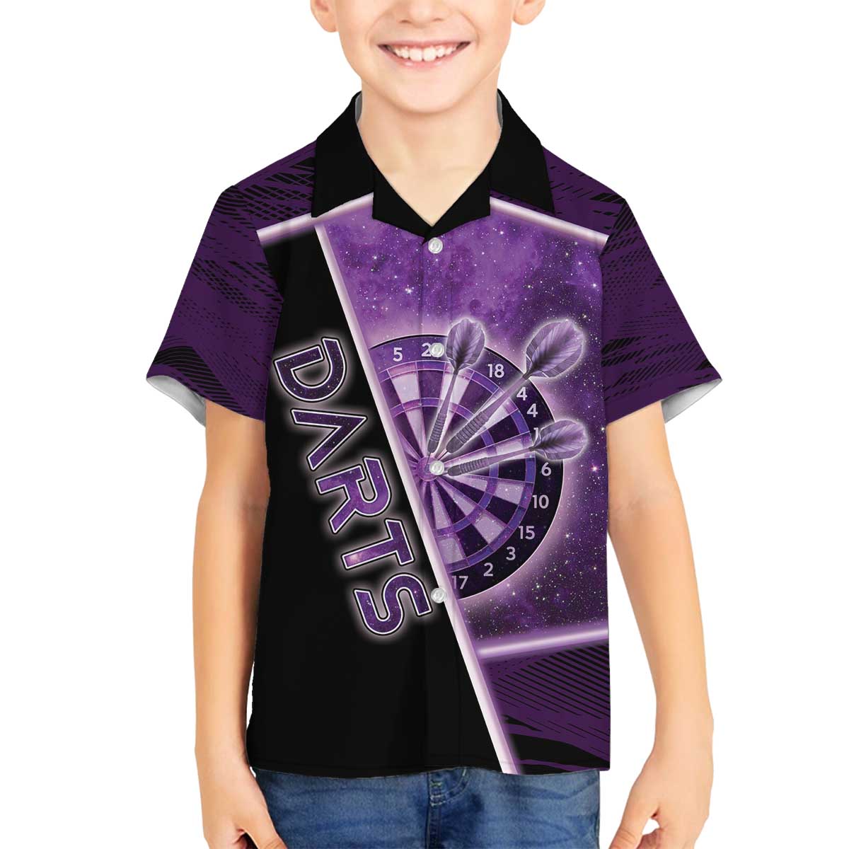 Personalized Darts Family Matching Off The Shoulder Long Sleeve Dress and Hawaiian Shirt Galaxy Style Purple - Wonder Print Shop