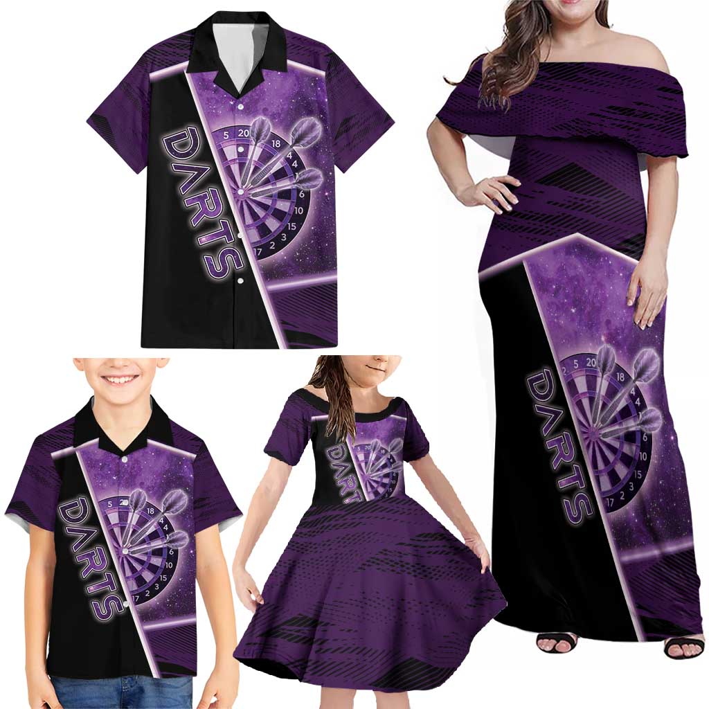 Personalized Darts Family Matching Off Shoulder Maxi Dress and Hawaiian Shirt Galaxy Style Purple - Wonder Print Shop