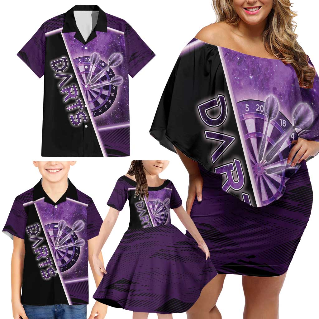 Personalized Darts Family Matching Off Shoulder Short Dress and Hawaiian Shirt Galaxy Style Purple - Wonder Print Shop