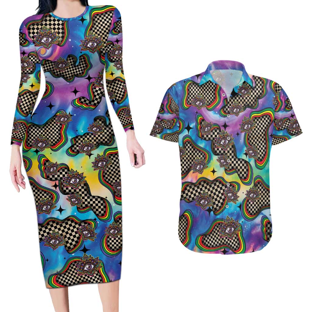 Hippie Couples Matching Long Sleeve Bodycon Dress and Hawaiian Shirt Psychedelic Third Eye Art - Wonder Print Shop